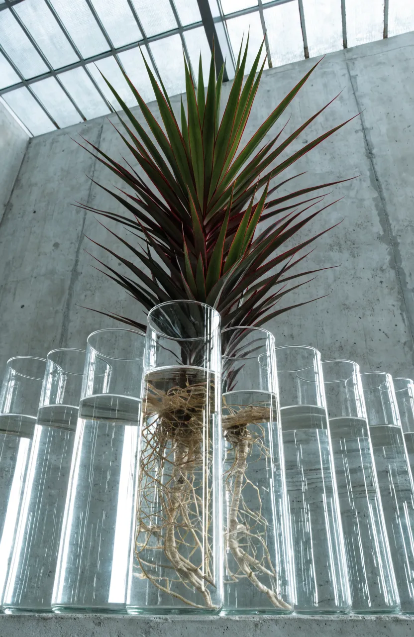 Spiky Dracaena Marginata plants in scientific glass beakers against a concrete wall.