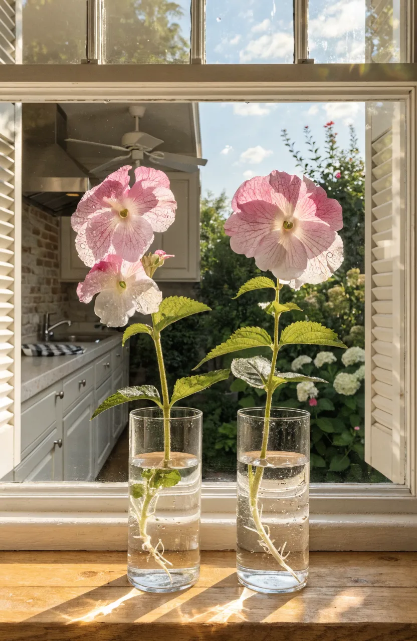Blooming pink Impatiens stems in clear glass tumblers on a sunny kitchen windowsill.