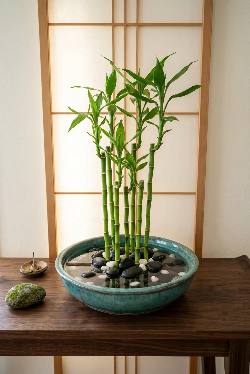 Lucky bamboo stalks anchored by polished river stones in a decorative ceramic bowl.