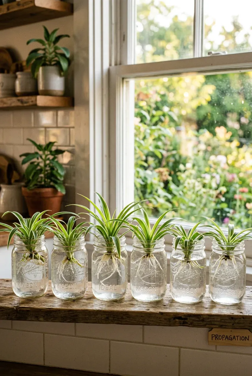 Spider plant babies rooting in clear mason jars on a sunny kitchen windowsill.