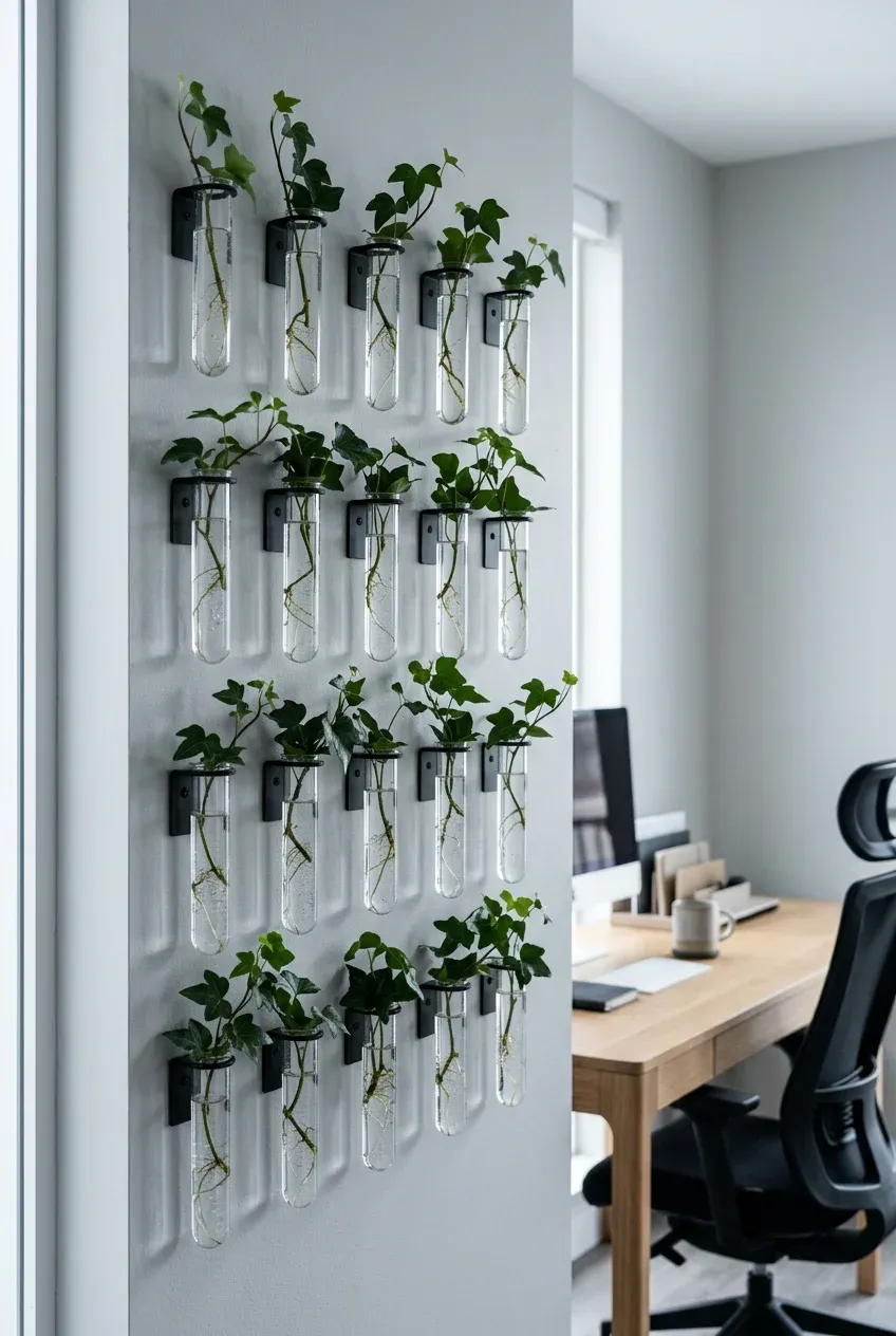 English Ivy stems growing in modern wall-mounted glass tubes on a gray wall.