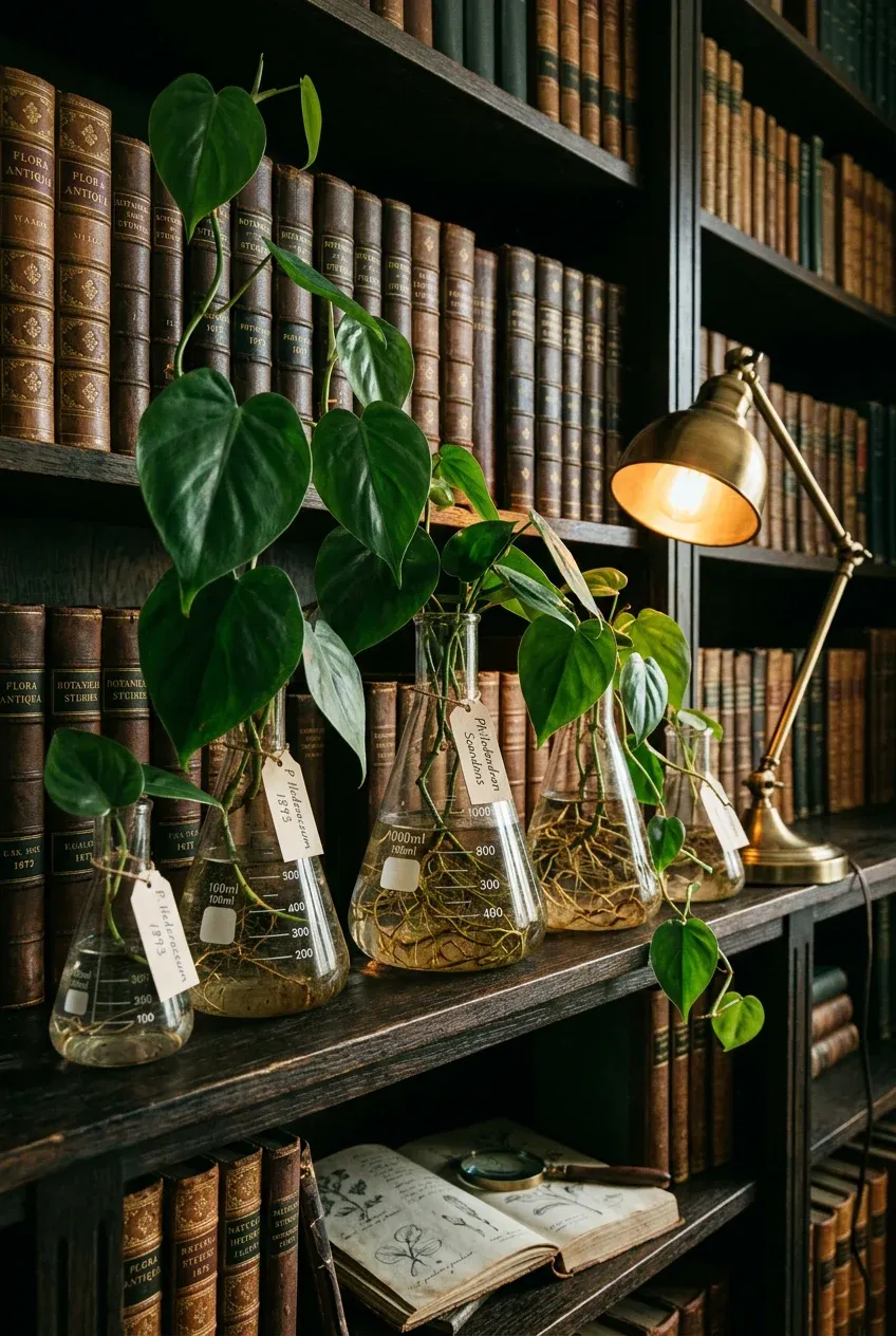Philodendron plants in vintage chemistry flasks on a dark wooden bookshelf.