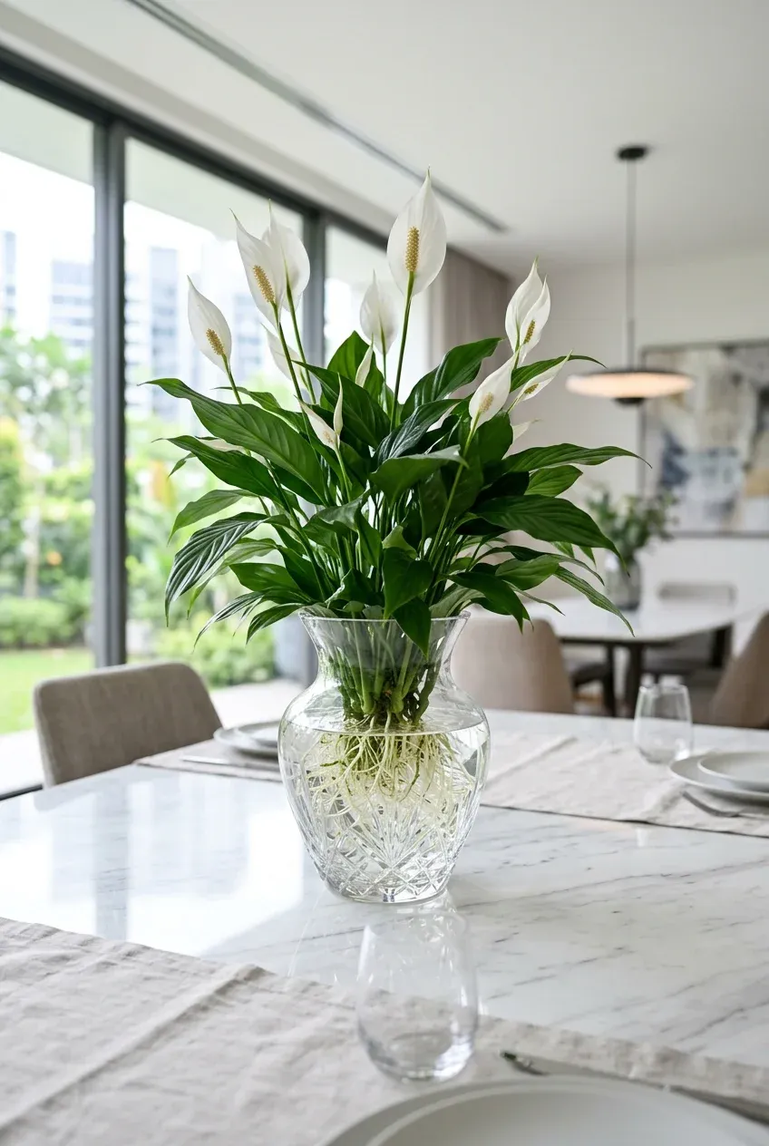 A blooming Peace Lily growing in a large glass water carafe on a marble table.