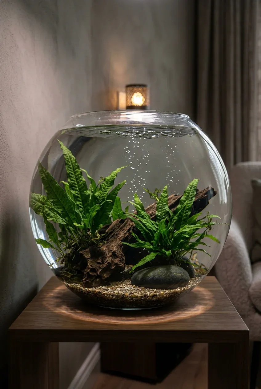 Submerged Java Ferns in a large glass bowl creating an underwater garden.