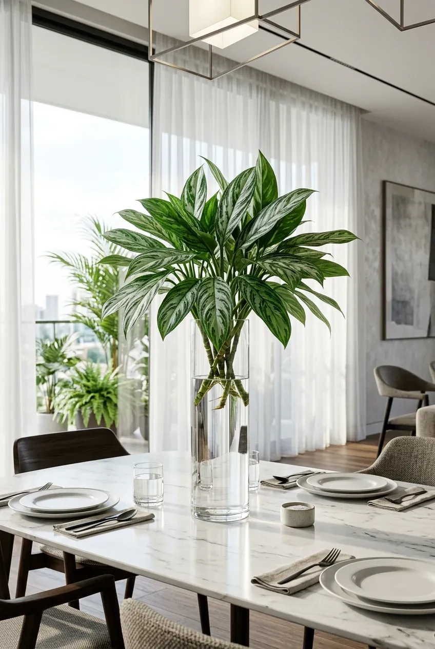 Patterned Chinese Evergreen leaves in a tall cylindrical glass vase on a marble table in a bright room.