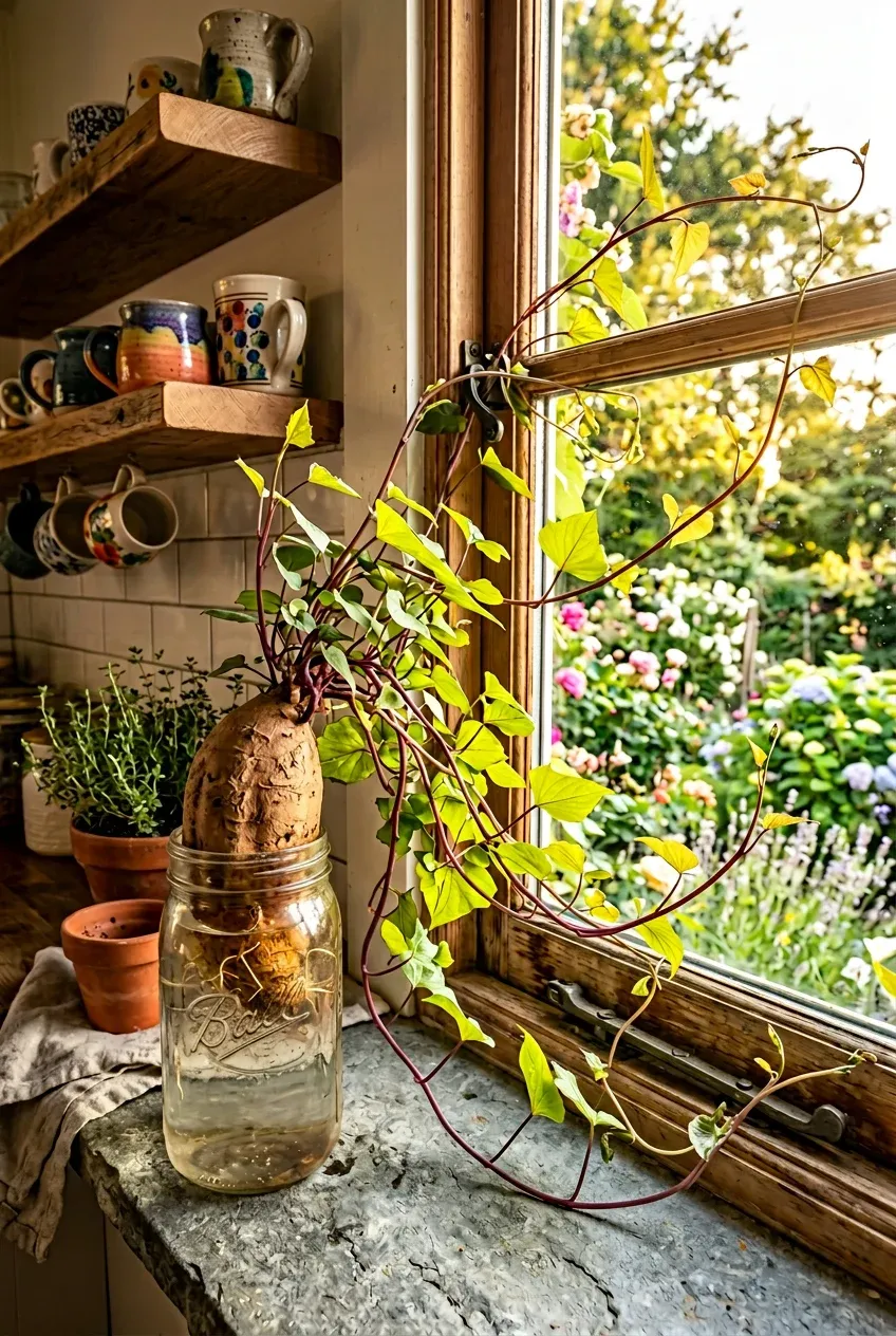 Sweet potato vines sprouting from a glass jar on a sunny kitchen windowsill with golden hour light.