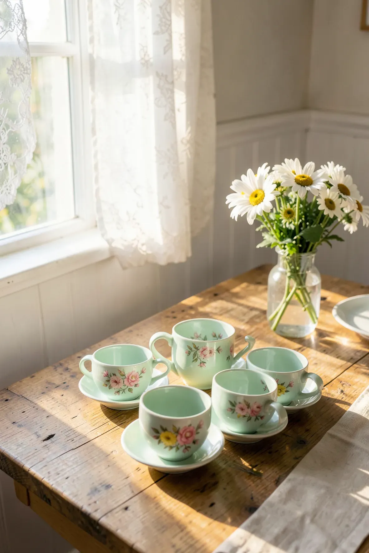 Mint green tea cups with hand-painted flowers on a wooden table in a sunny kitchen.