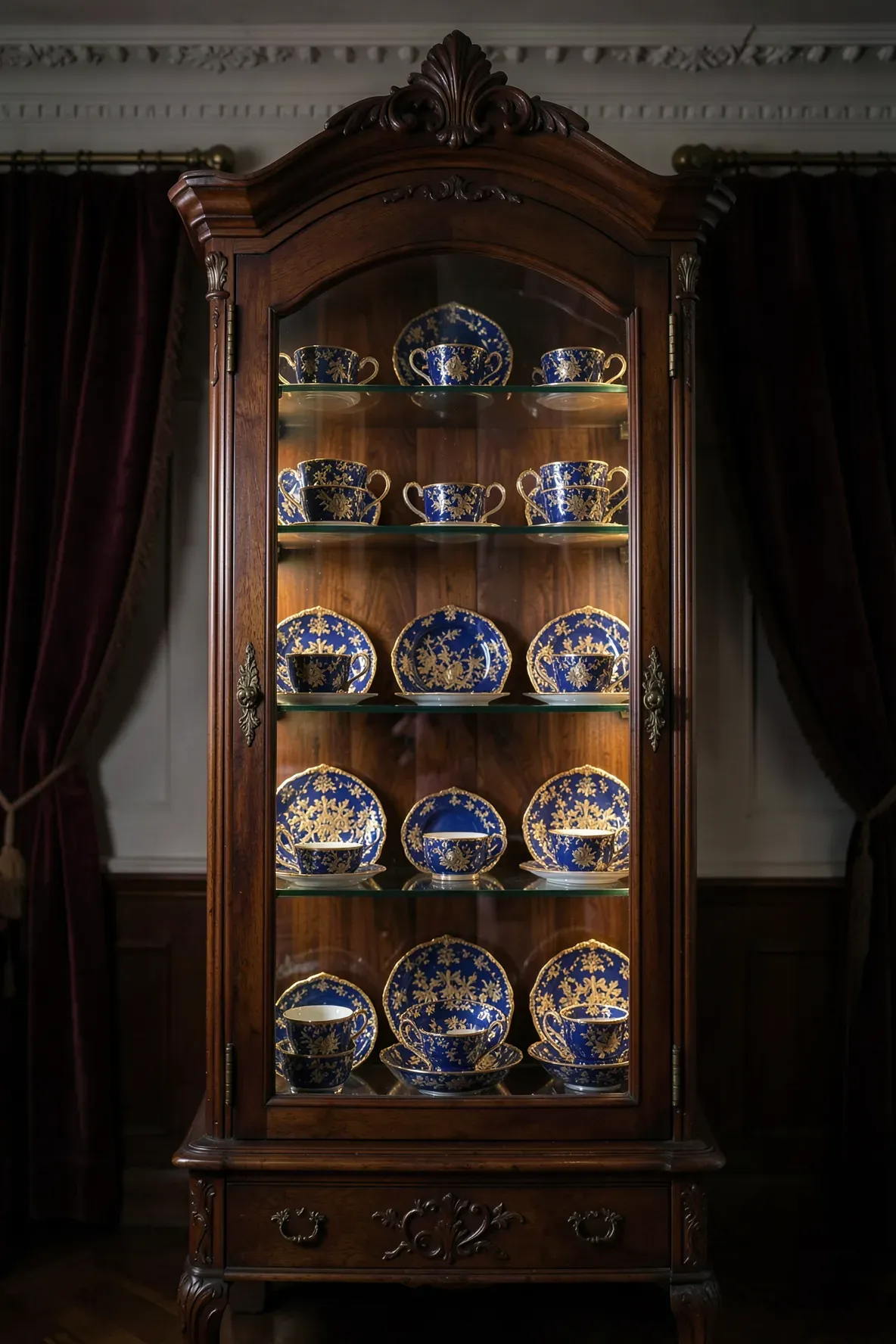 Ornate cobalt blue and gold Victorian tea cups displayed in a dark wood cabinet.