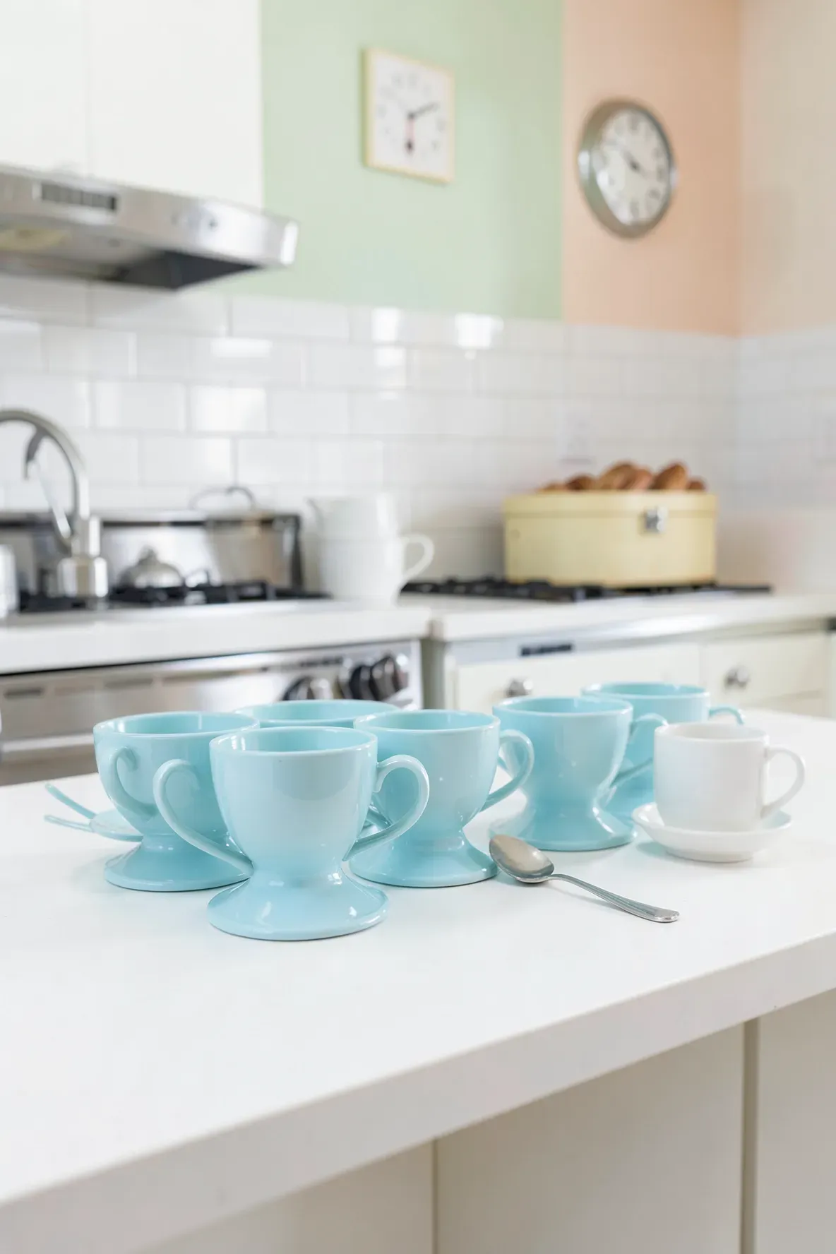 Retro robin egg blue pedestal teacups on a white kitchen counter with chrome accents.