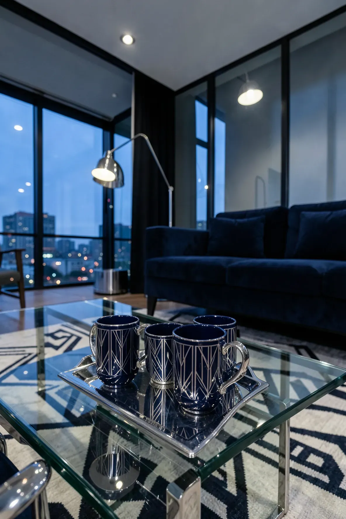 Navy blue Art Deco coffee cups with silver geometric designs in a modern room.