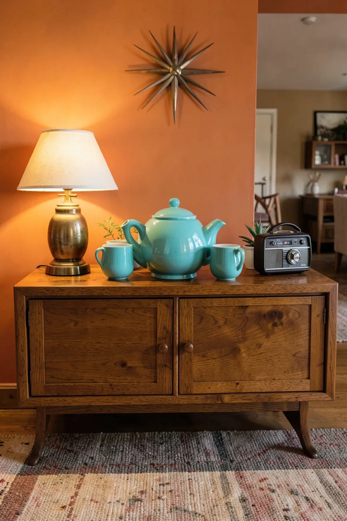 A turquoise mid-century modern ceramic tea set on a teak sideboard in a retro room.
