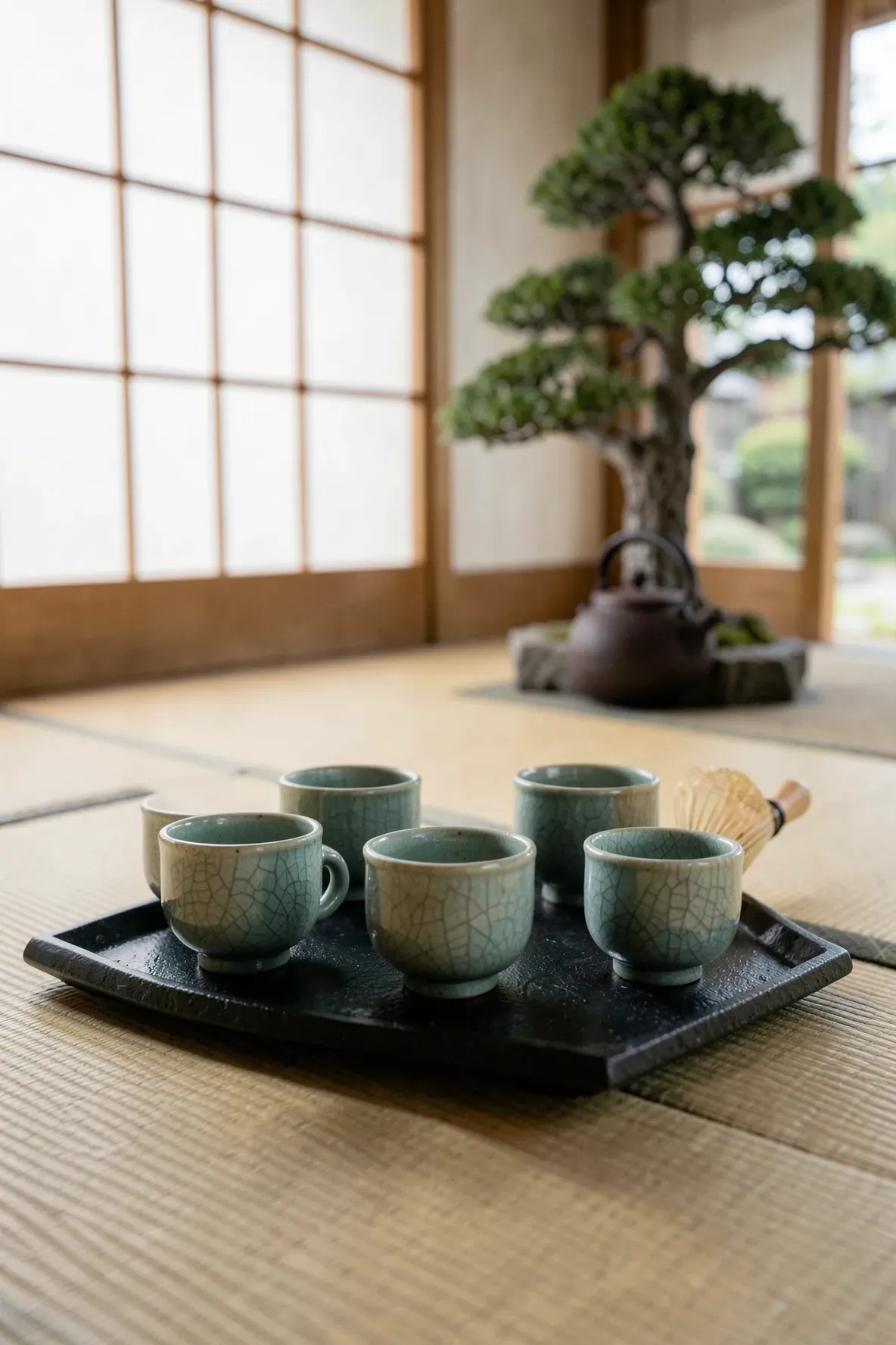 Pale green celadon tea cups with crackle glaze on a bamboo table in a Zen room.