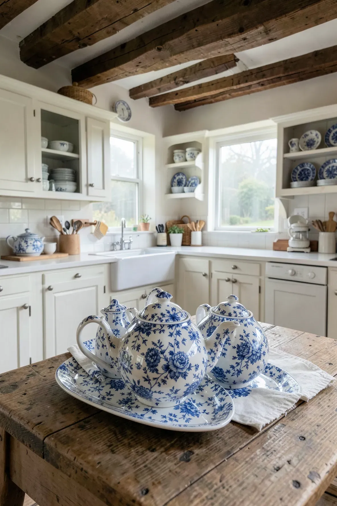 A full Blue Calico floral tea set on a rustic wooden table in a sunlit farmhouse kitchen.