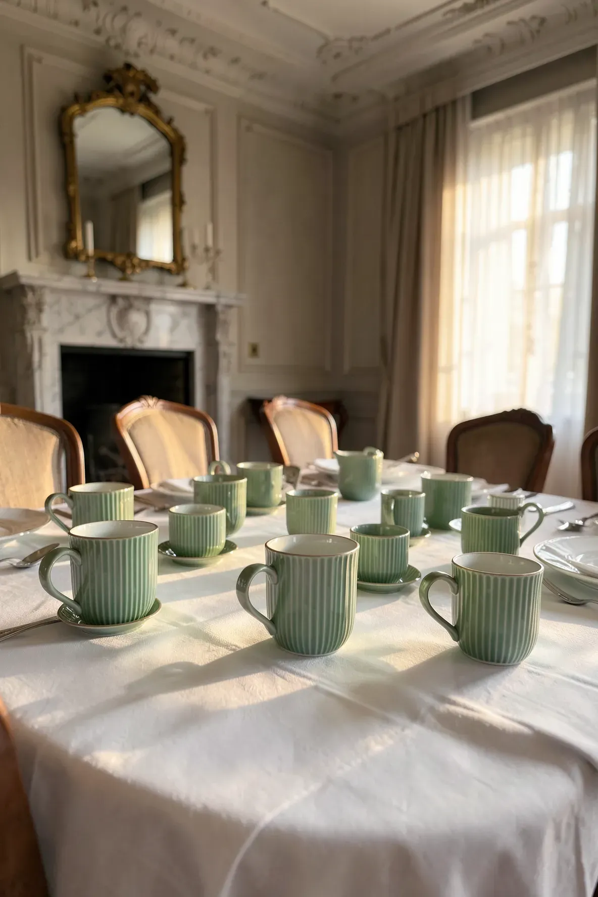 Sage green fluted tea cups on a white linen-covered table in an elegant, sunlit dining room.
