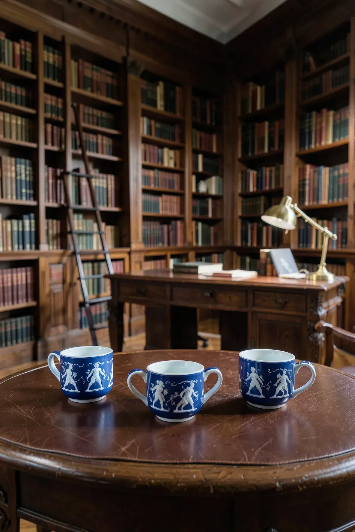 Blue Jasperware tea cups with white classical reliefs on a mahogany desk in a grand library.