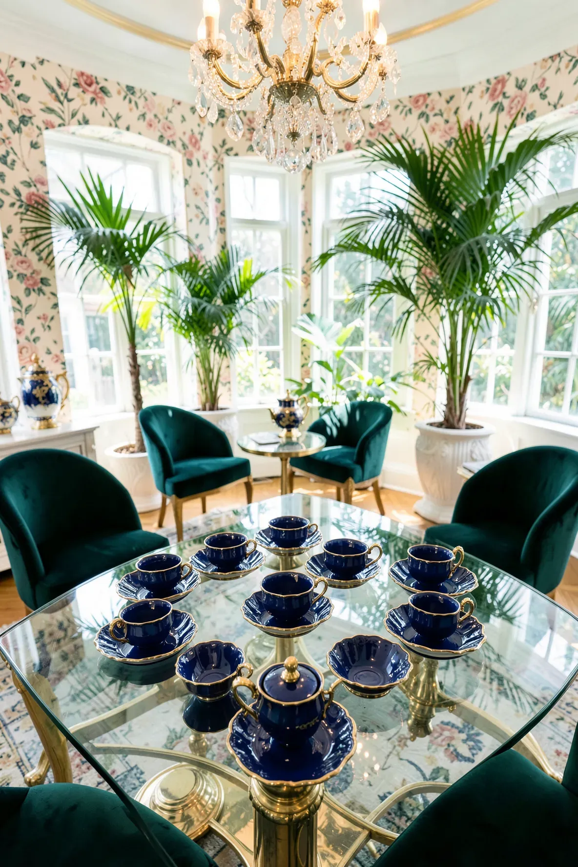 Royal blue scalloped edge tea cups with gold trim in a luxurious, brightly lit sunroom.