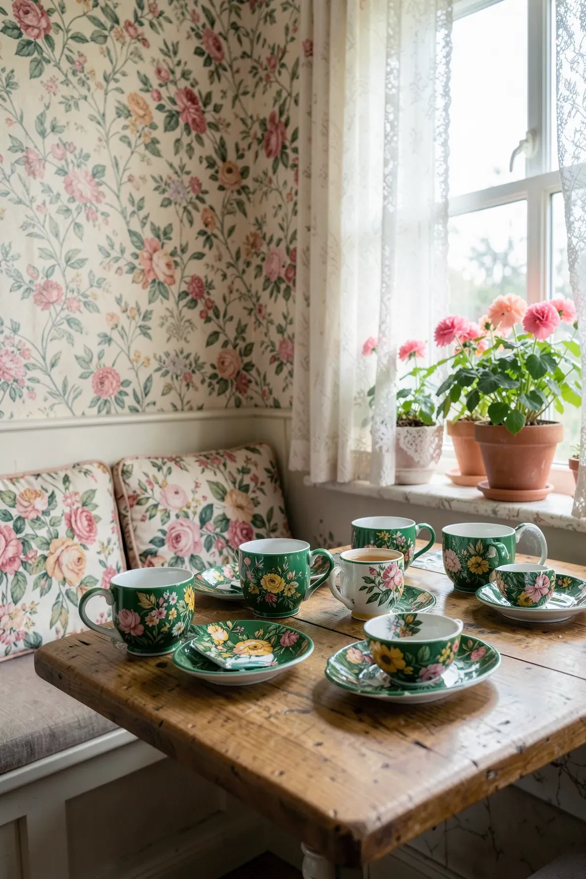 Dense floral chintz green tea cups on a wooden table in a colorful, vintage breakfast nook.