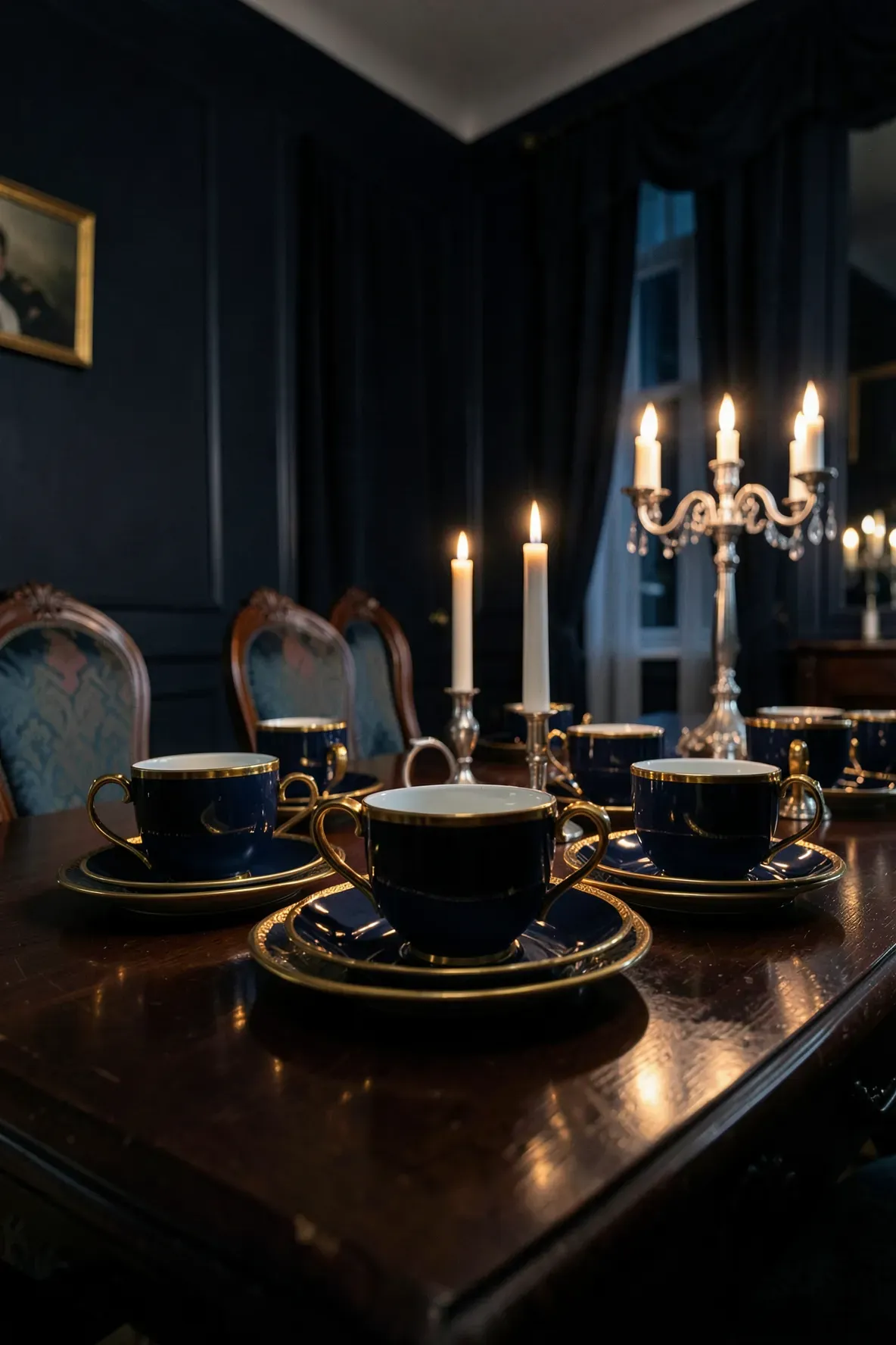 Navy blue and gold gilded tea cups on a dark wood table under warm candlelight.
