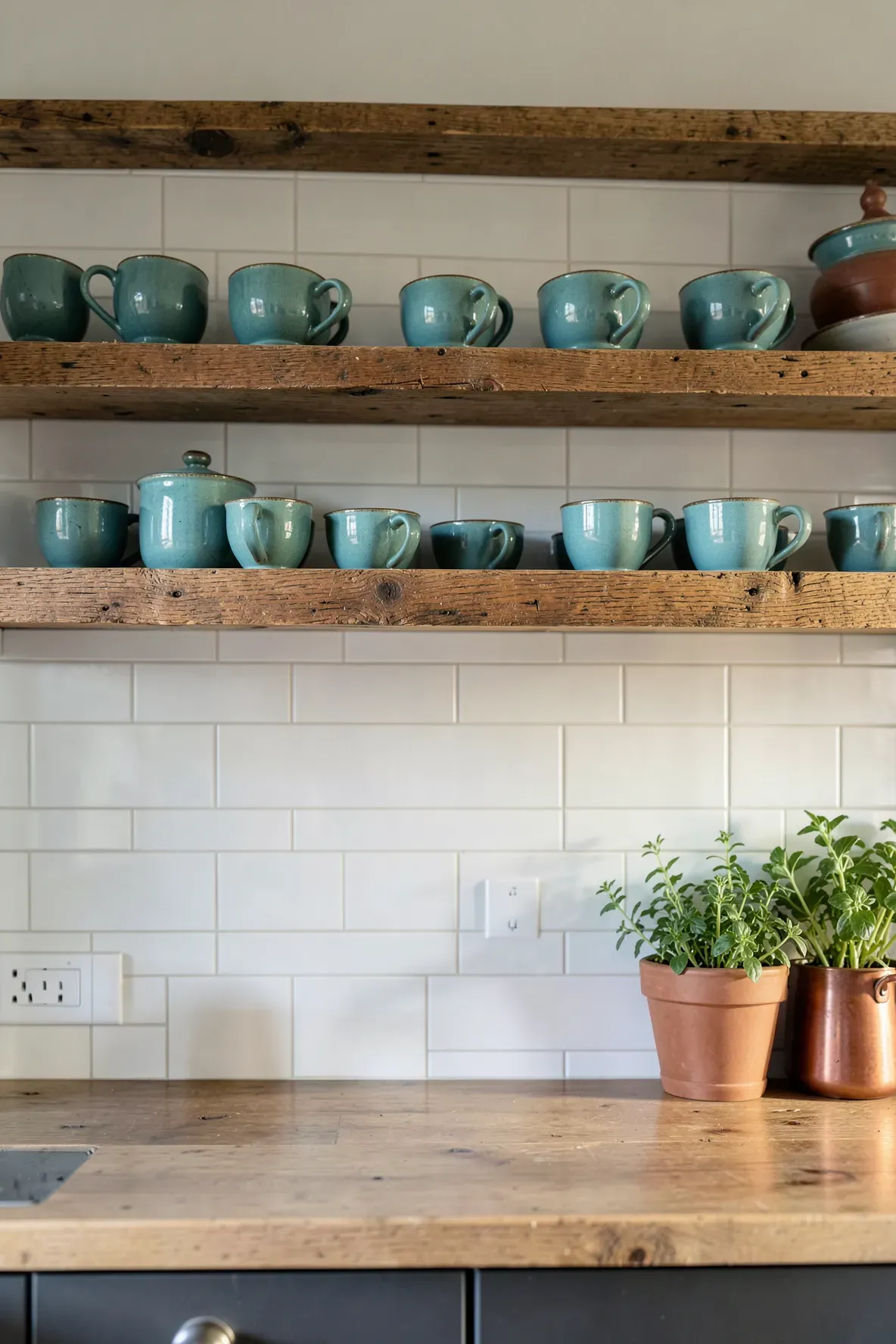 Rustic teal stoneware cups on open wooden shelves in a modern farmhouse kitchen.