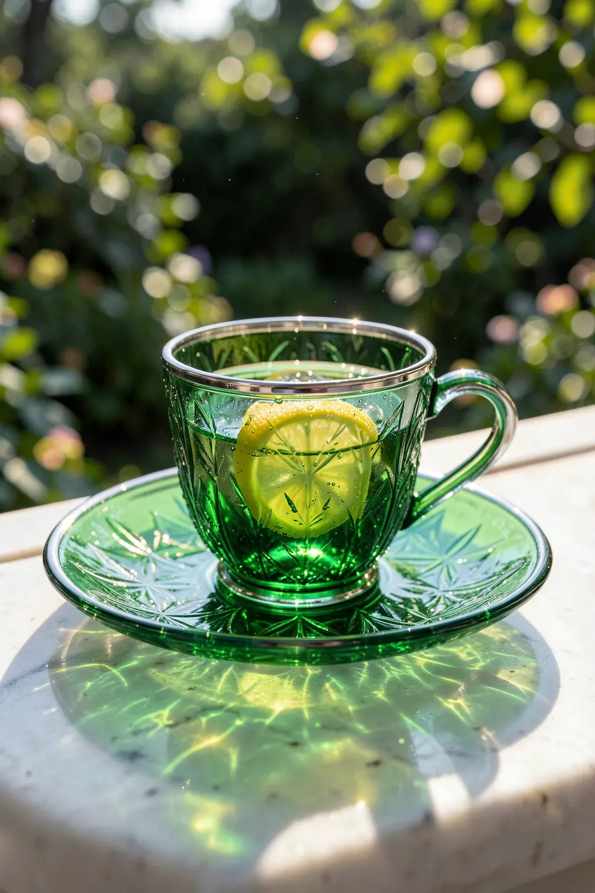 A translucent emerald green glass tea cup with a silver rim glowing in the sunlight on a marble surface.