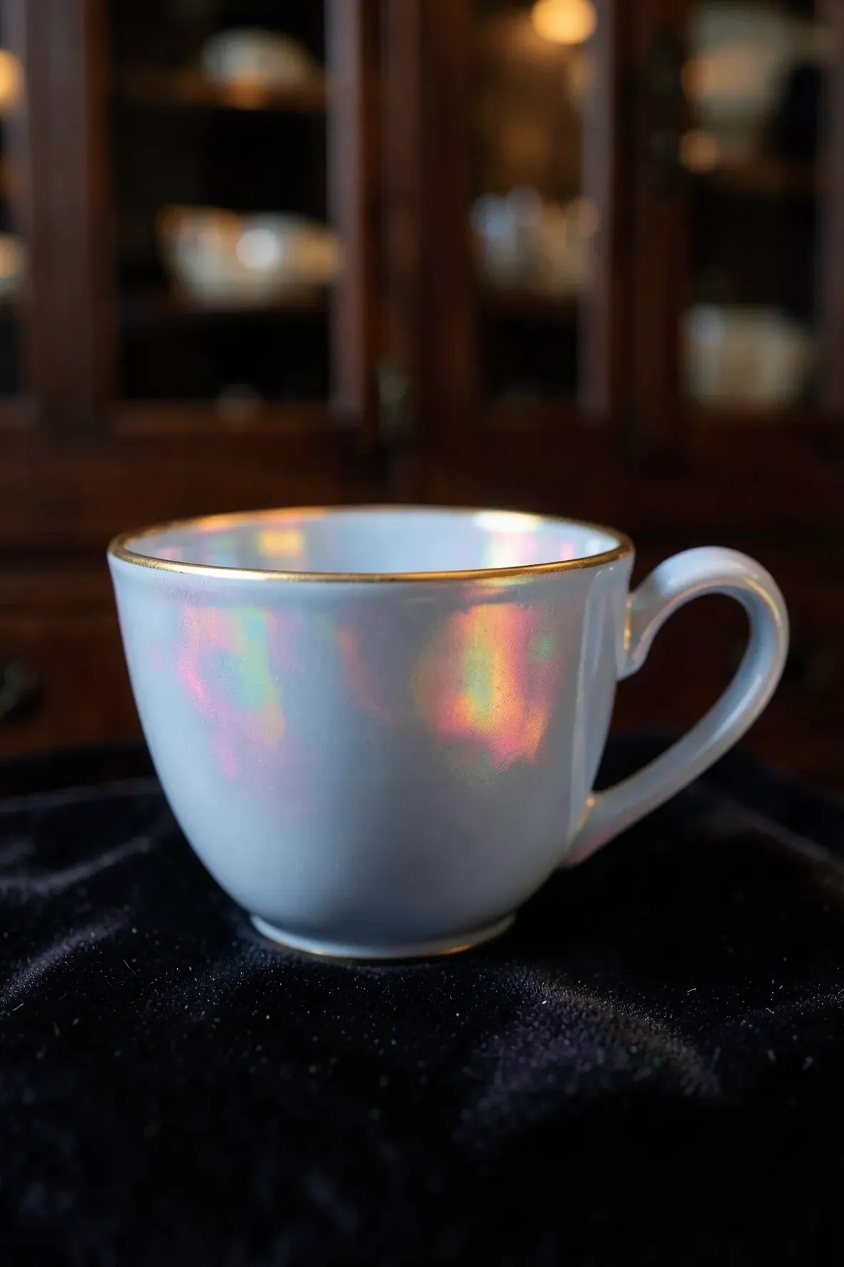 An iridescent powder blue lustreware tea cup with shimmering pink and gold highlights on a dark background.