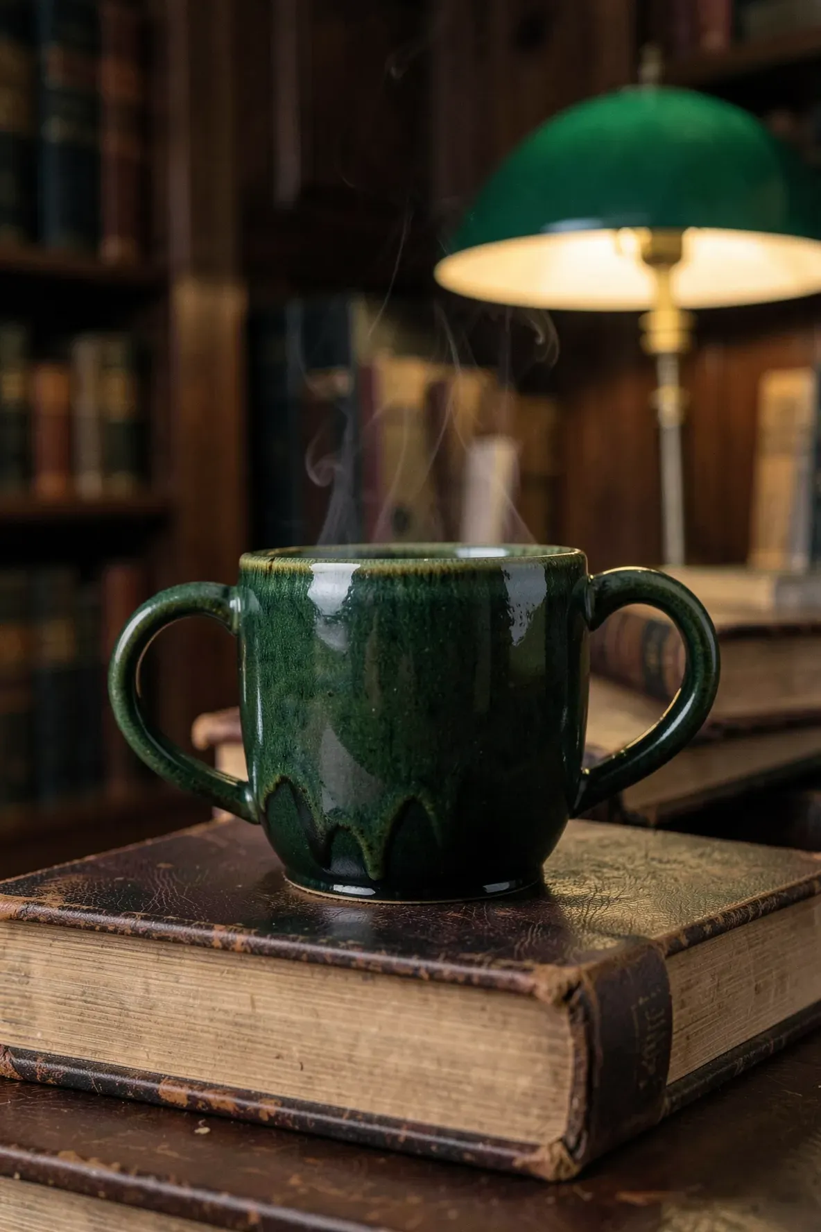 A sturdy forest green hand-glazed tea cup with visible glaze drips sitting on a stack of old books.