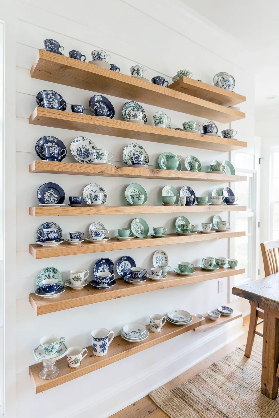 A wide shot of a wooden wall shelf displaying a collection of blue and green vintage tea cups in a gradient.