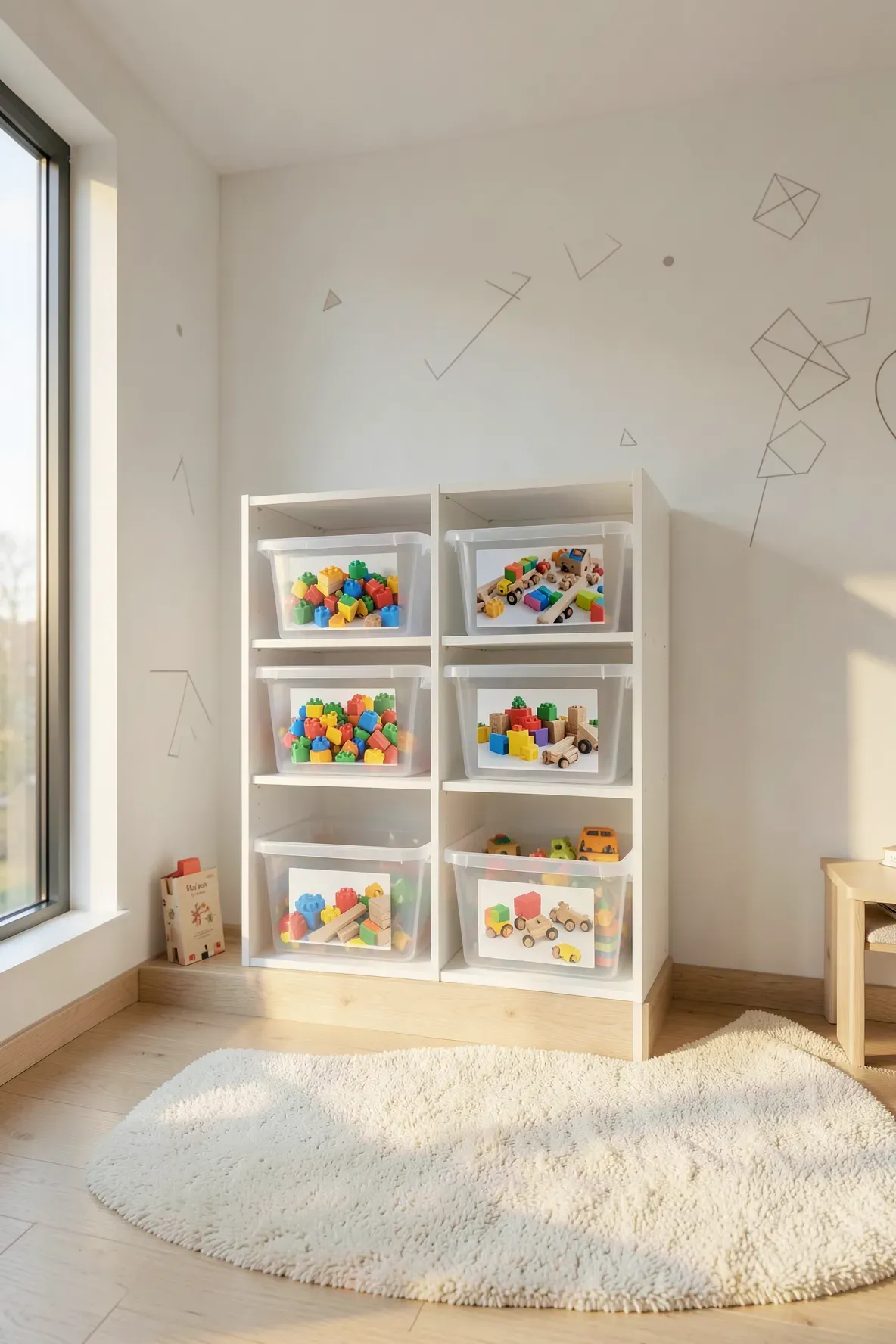 A tidy kids room featuring white shelves with clear plastic bins and photo labels for toy organization.