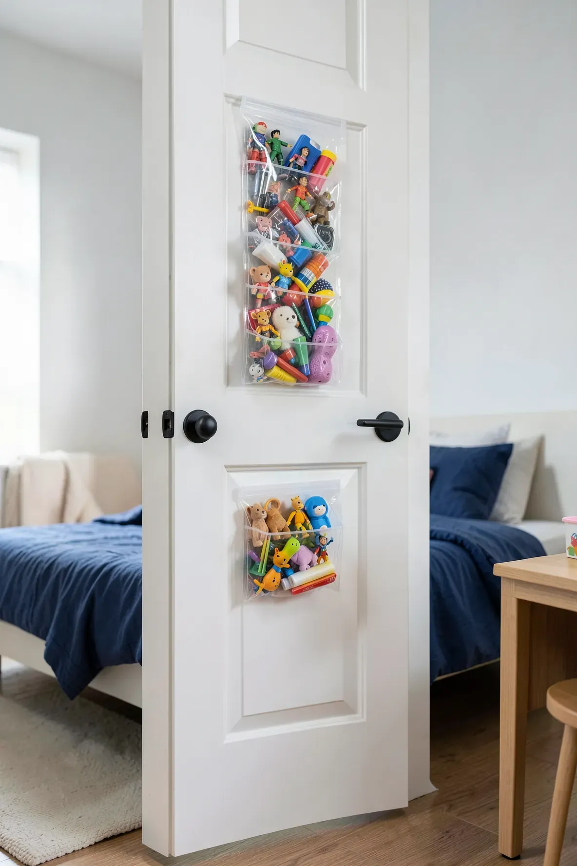 A clear over-the-door shoe organizer filled with small toys hanging on a white bedroom door.
