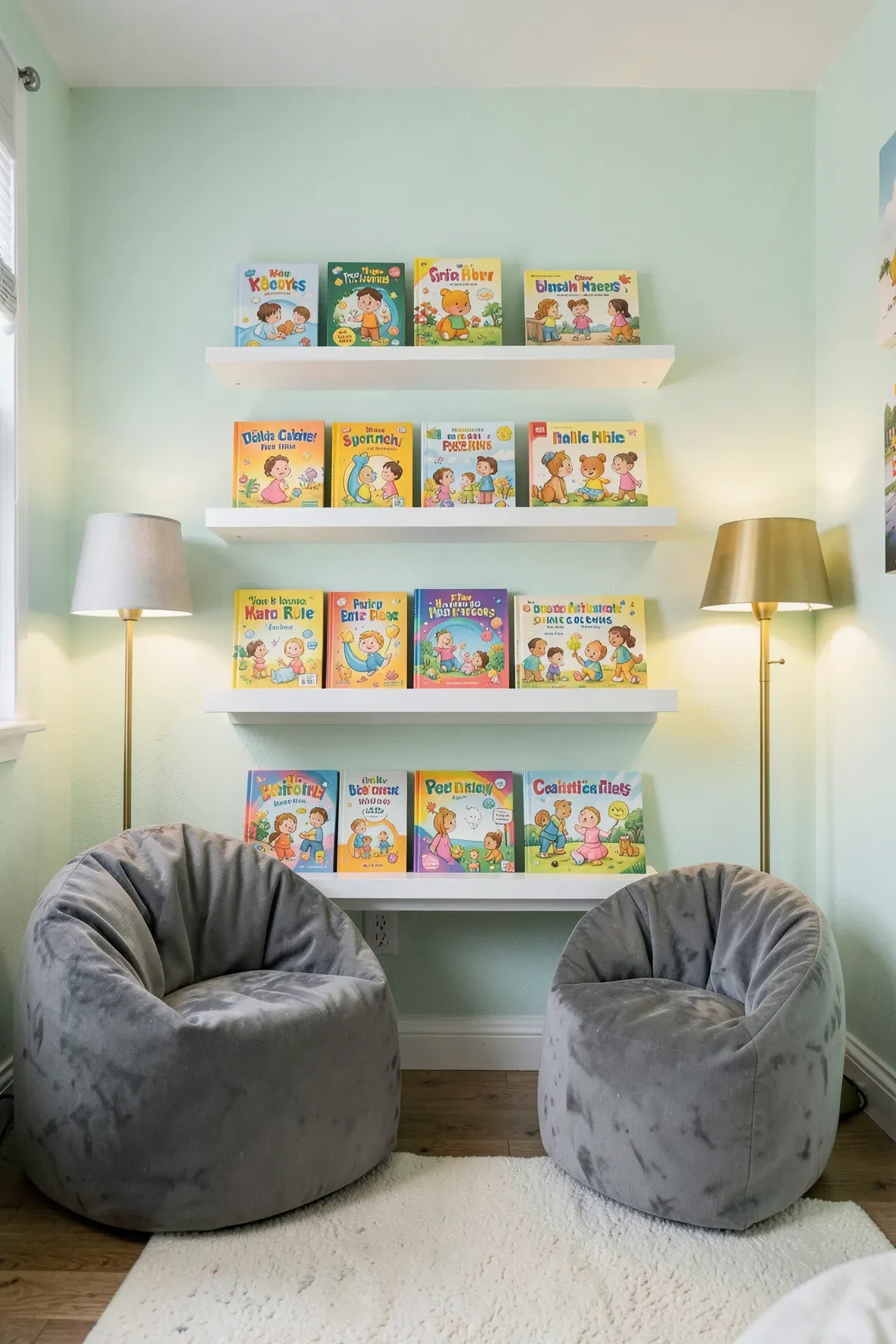 Low-mounted white floating bookshelves filled with colorful children's books in a cozy room corner.