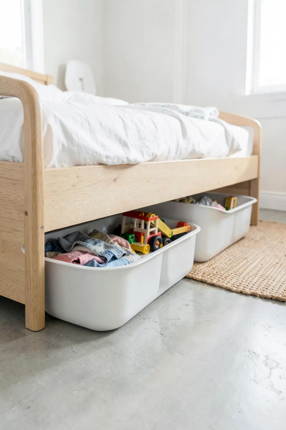 Clear rolling storage bins tucked under a light wood bed frame in a tidy child's bedroom.
