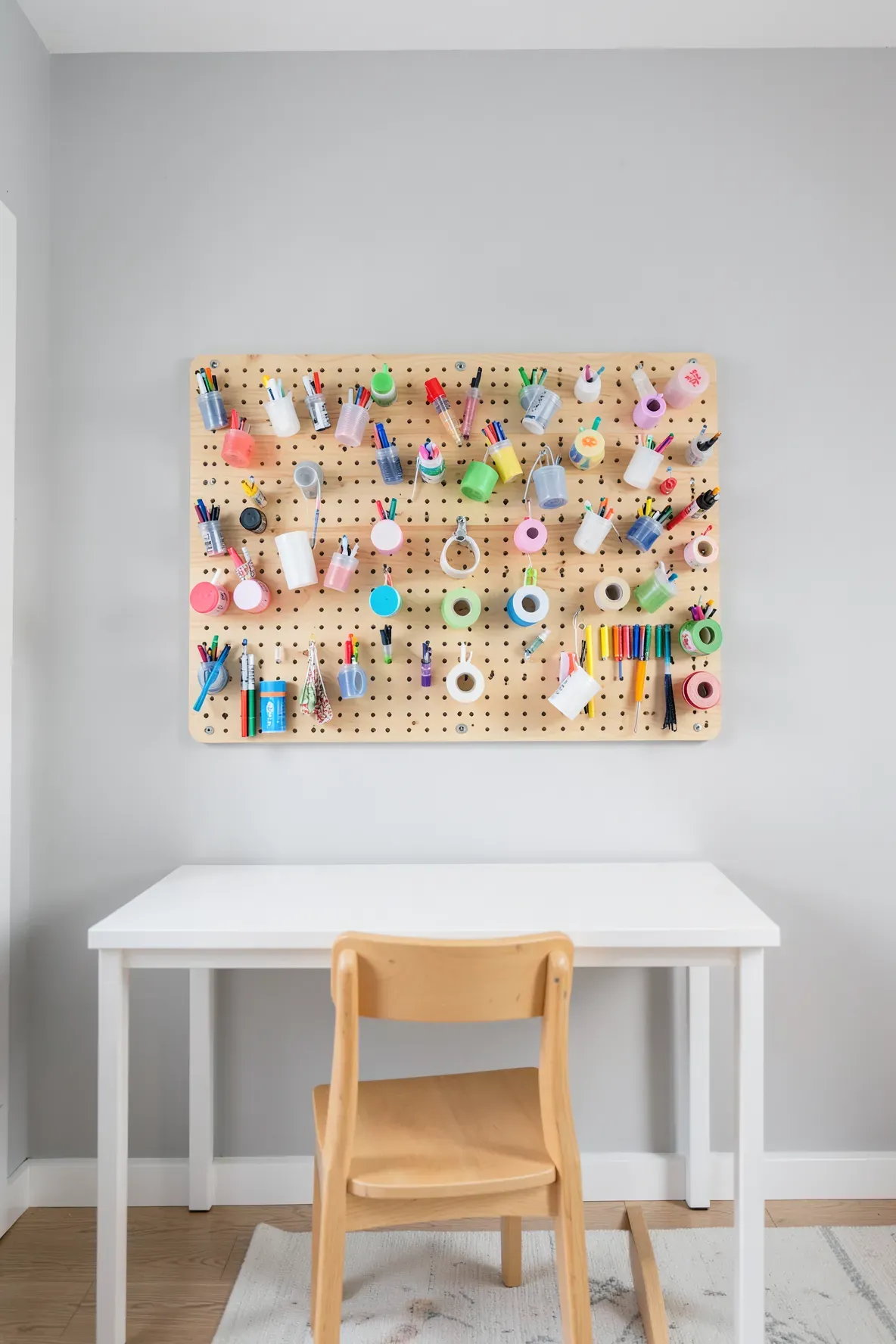A wooden pegboard with art supplies organized in cups above a white desk in a kids room.
