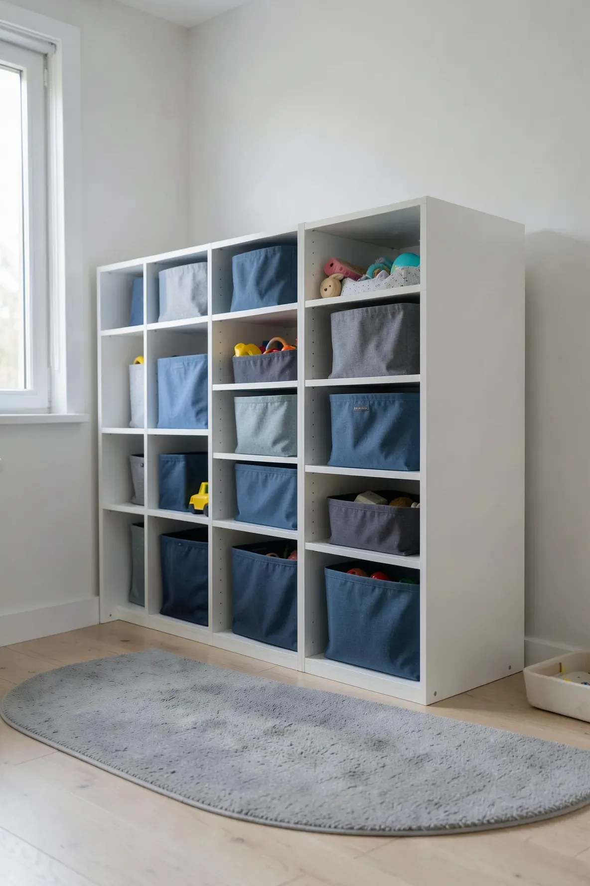 A white cubby shelving unit with blue and grey fabric baskets for organized toy storage.