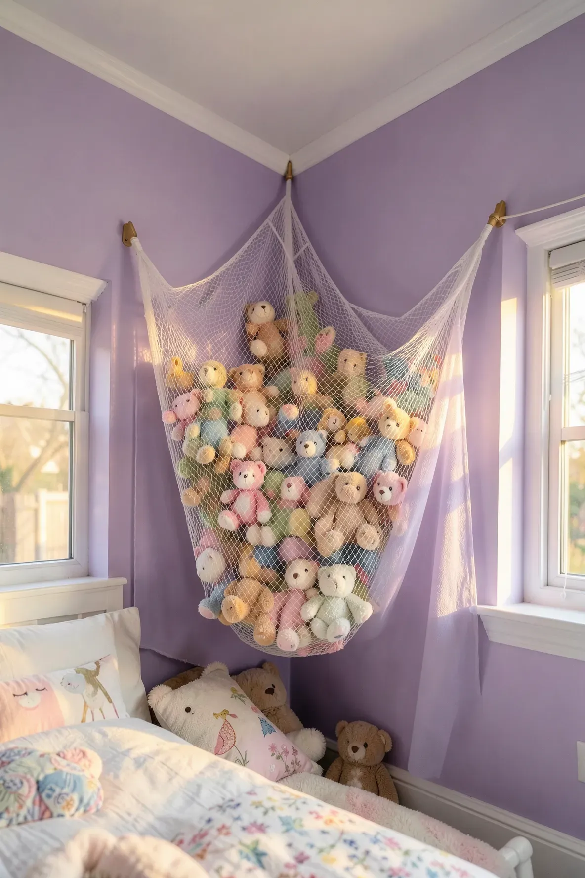 A white mesh hammock filled with stuffed animals hanging in the corner of a lavender kids room.