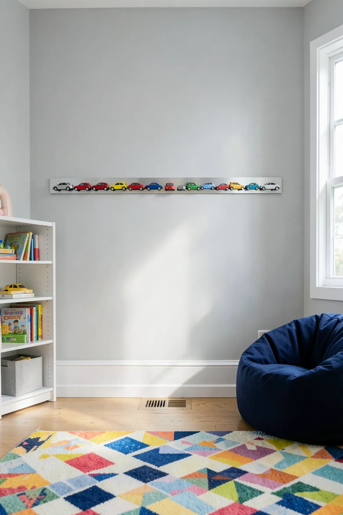 A magnetic strip mounted on a kids room wall holding a neat row of colorful metal toy cars.