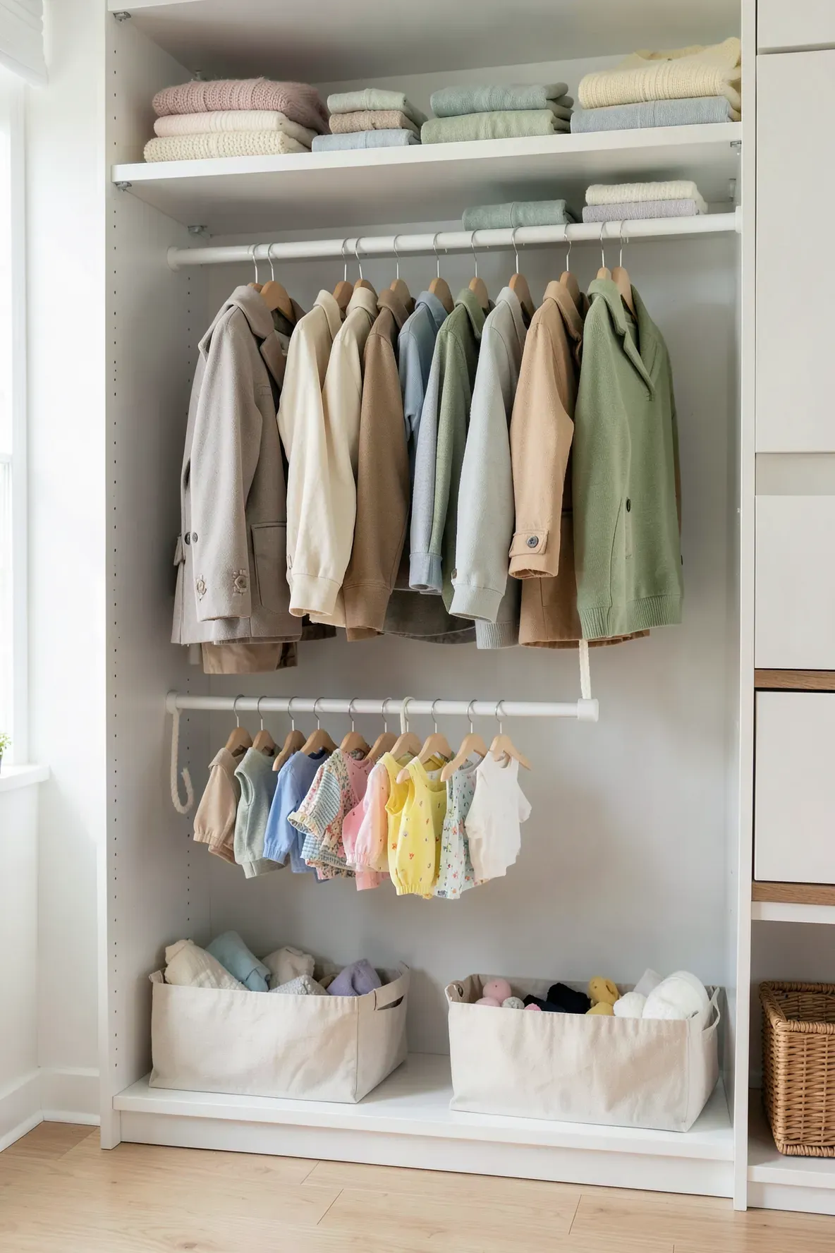 A kids closet with a second lower rod installed at a child's height with small clothes hanging.