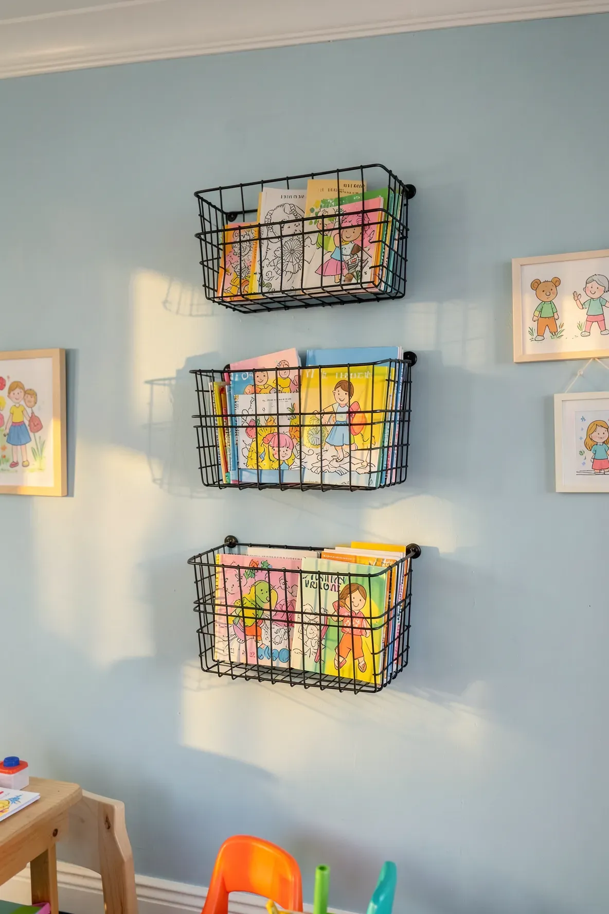 Black wire baskets mounted on a blue wall holding coloring books and notebooks in a kids room.