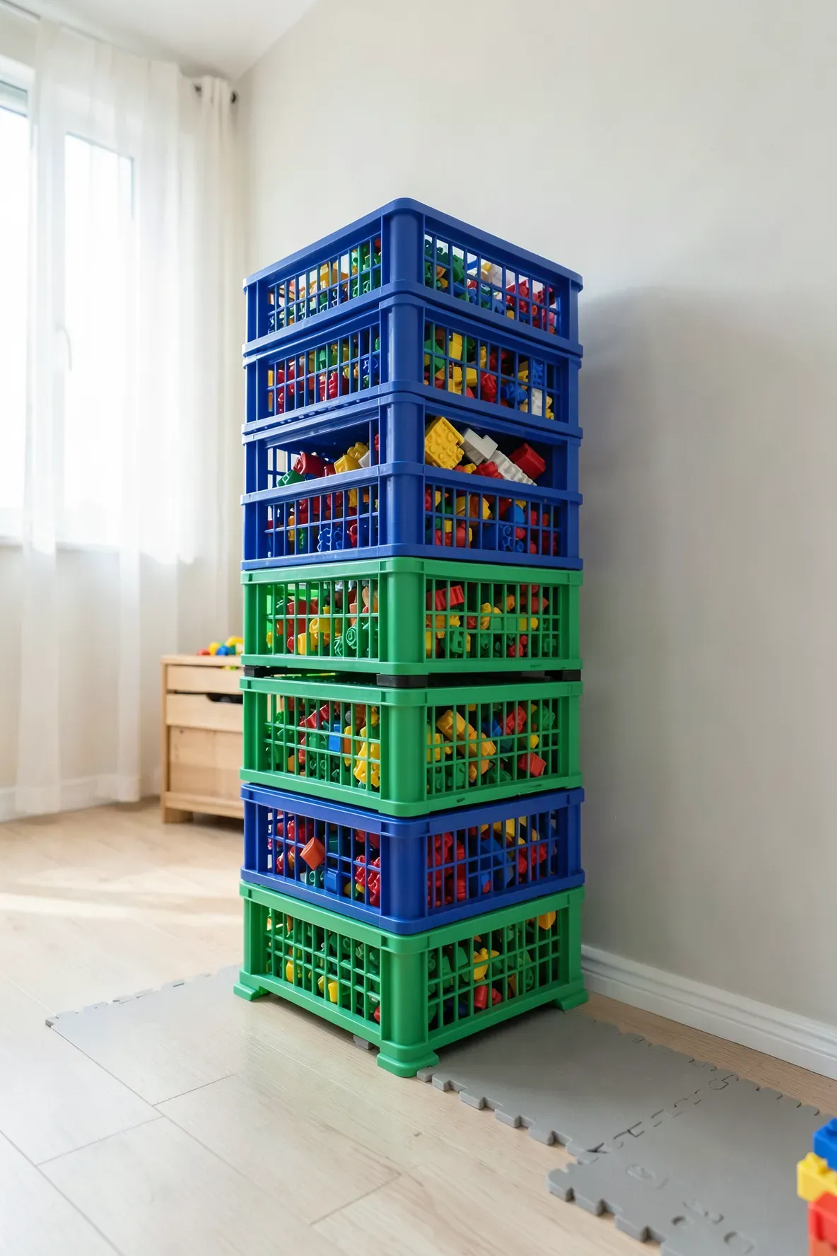 A stack of colorful plastic crates filled with building blocks in a tidy playroom.