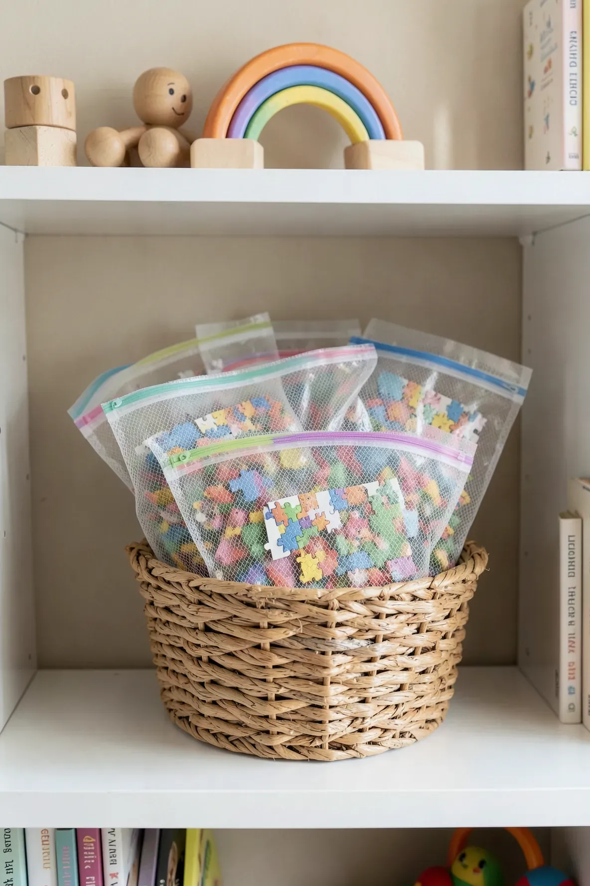 Clear mesh zip pouches containing puzzle pieces and pictures, stored in a woven basket on a shelf.