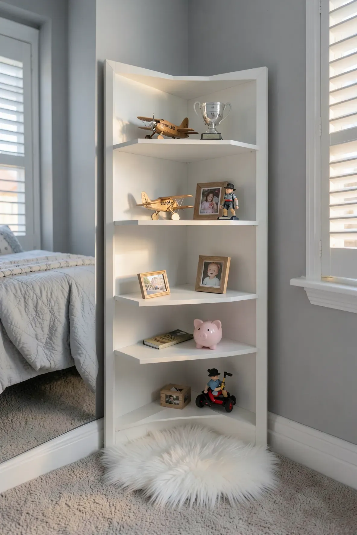 A white tiered corner shelf in a kids room displaying trophies and special decorative toys.