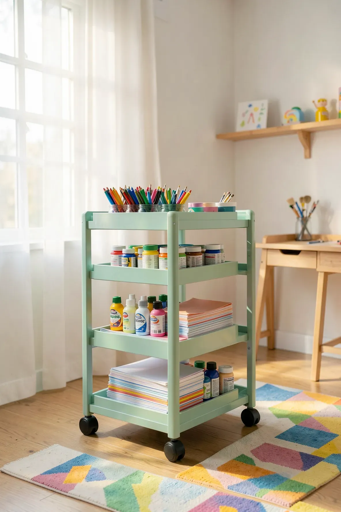 A mint green three-tier rolling cart filled with organized craft supplies in a sunlit playroom.
