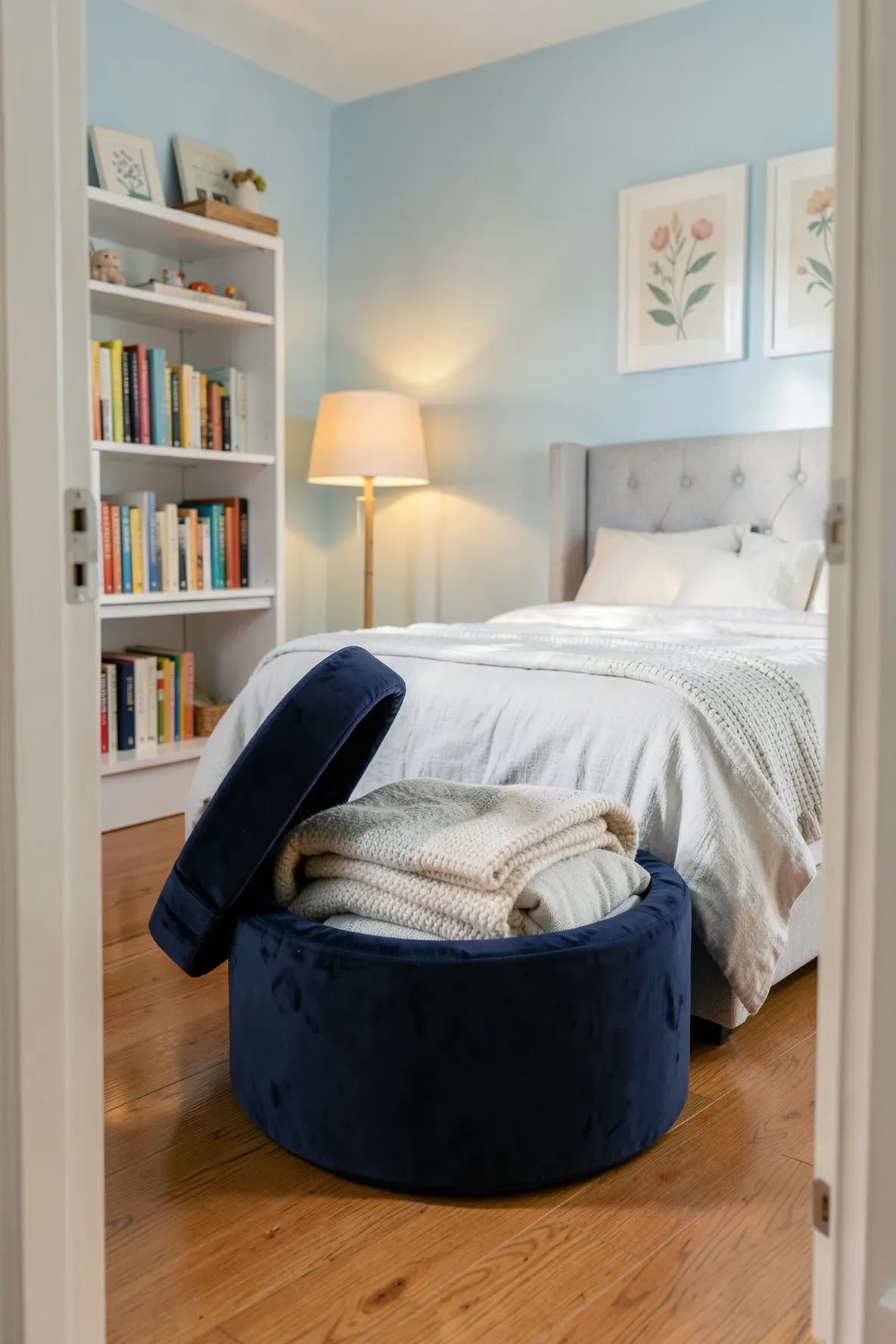 A navy velvet storage ottoman with blankets inside, placed in a tidy pastel-colored kids room.