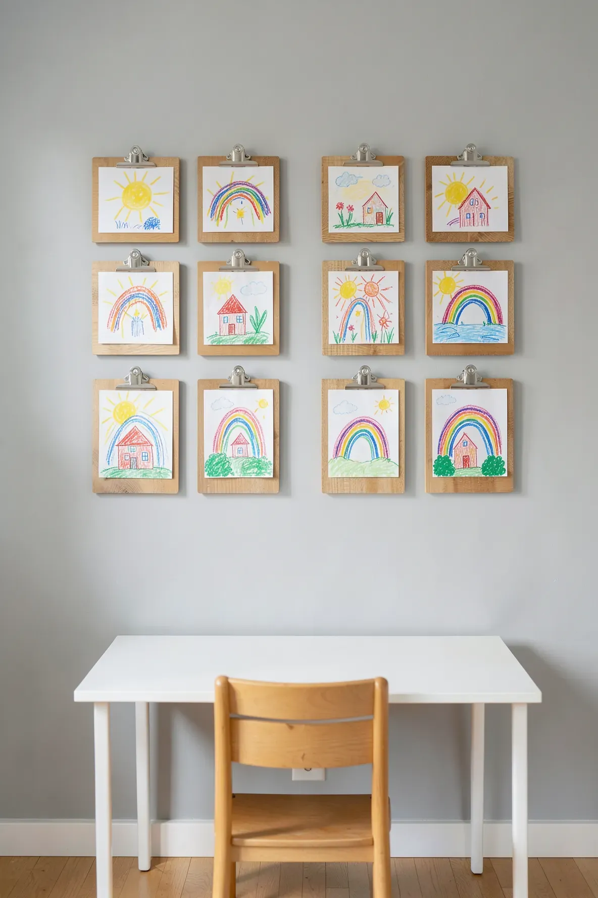 A row of wooden clipboards holding children's drawings on a grey wall in a modern room.