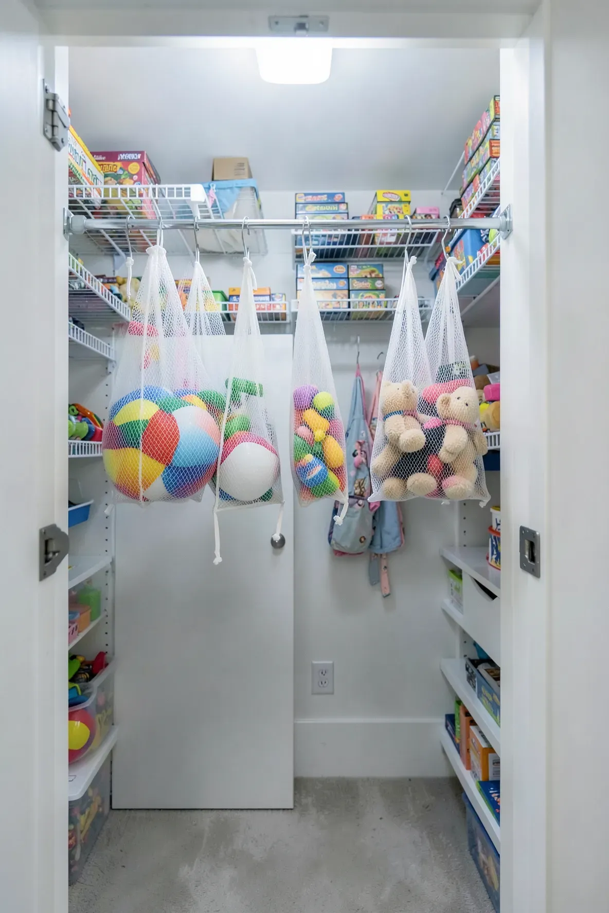 White mesh bags hanging on hooks inside a closet, neatly holding various colorful toys.