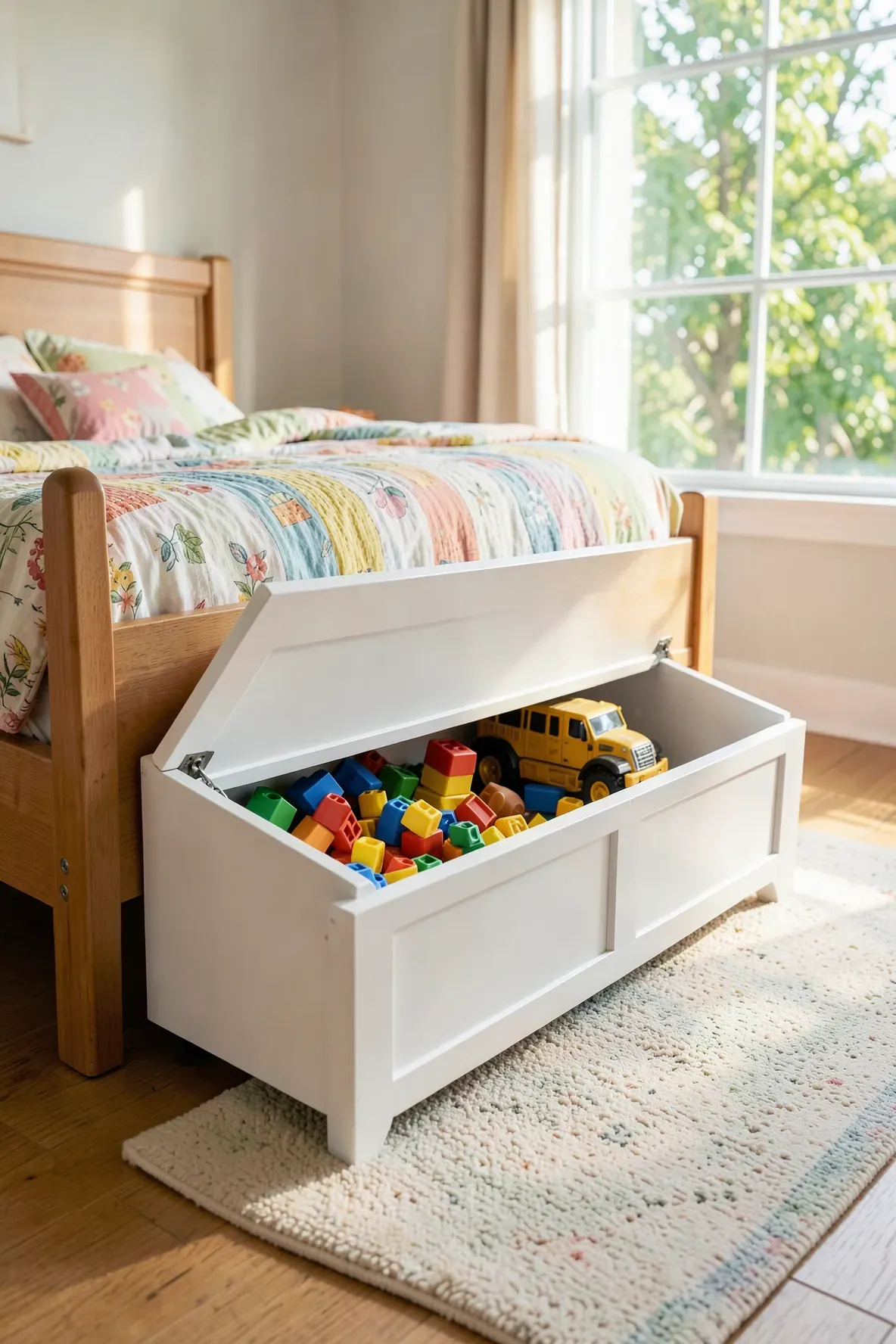 A white wooden storage bench at the foot of a bed, open to reveal large toys stored inside.