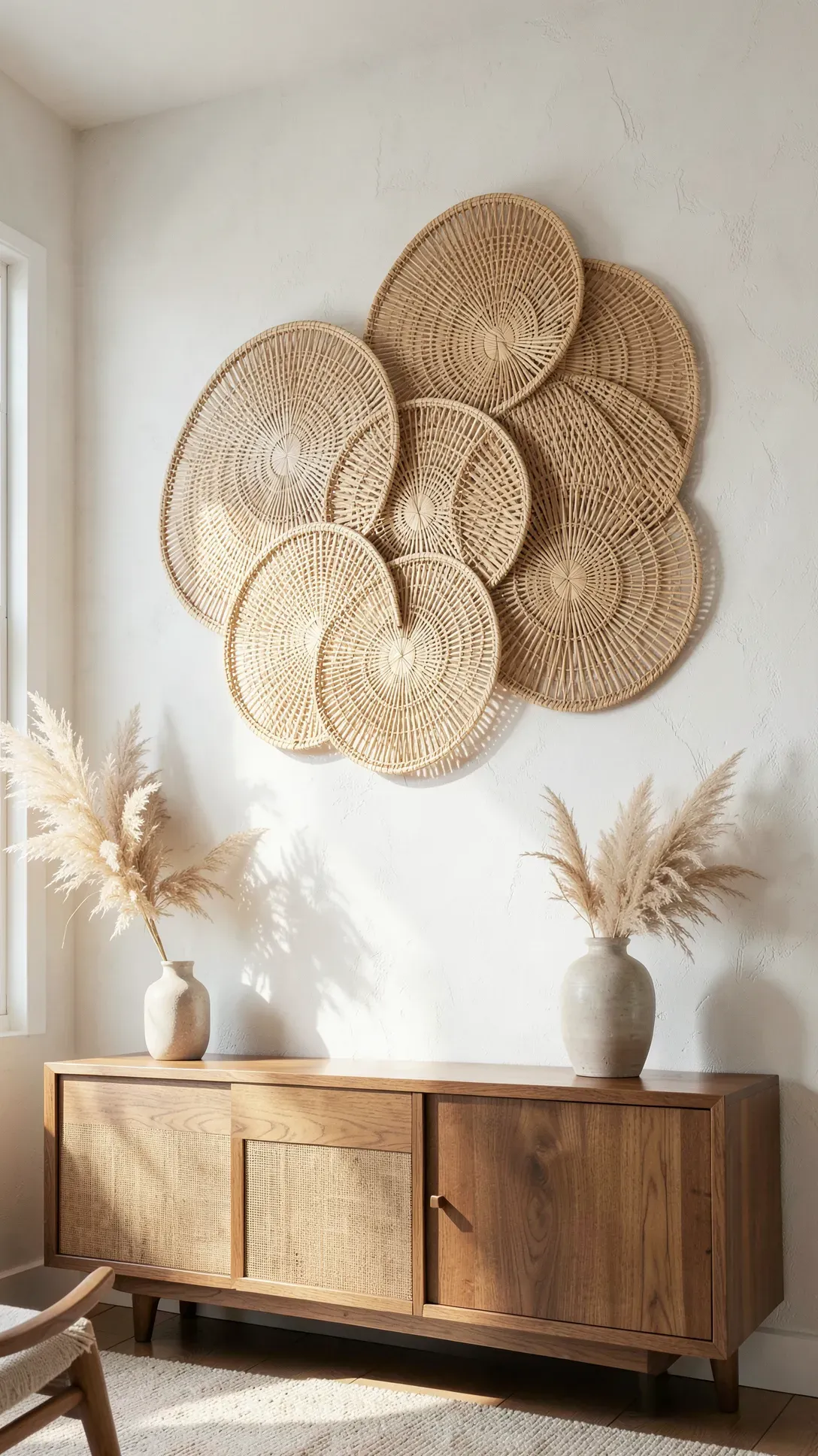 A cluster of woven bamboo fans arranged artistically on a light-colored bedroom wall.