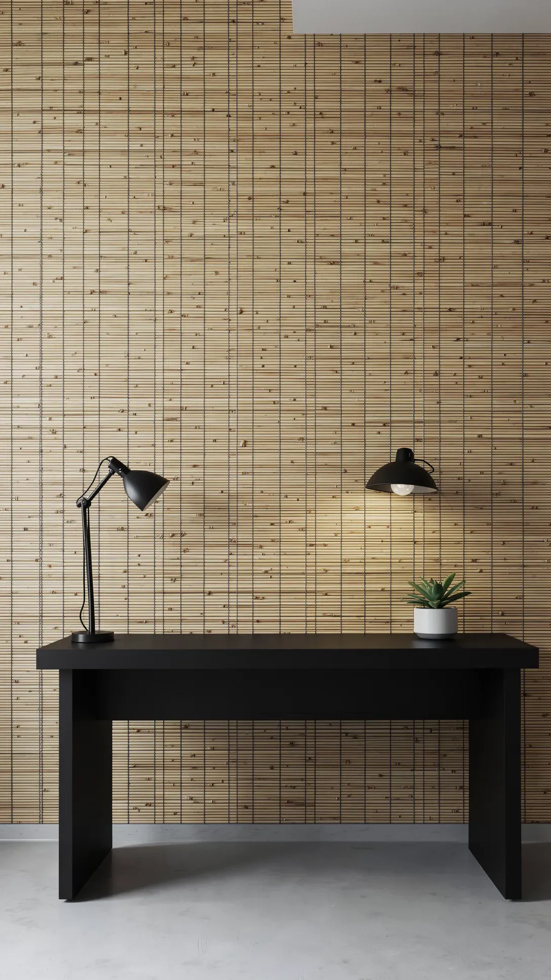 Horizontal split bamboo reed wallpaper covering a full wall in a modern home office.