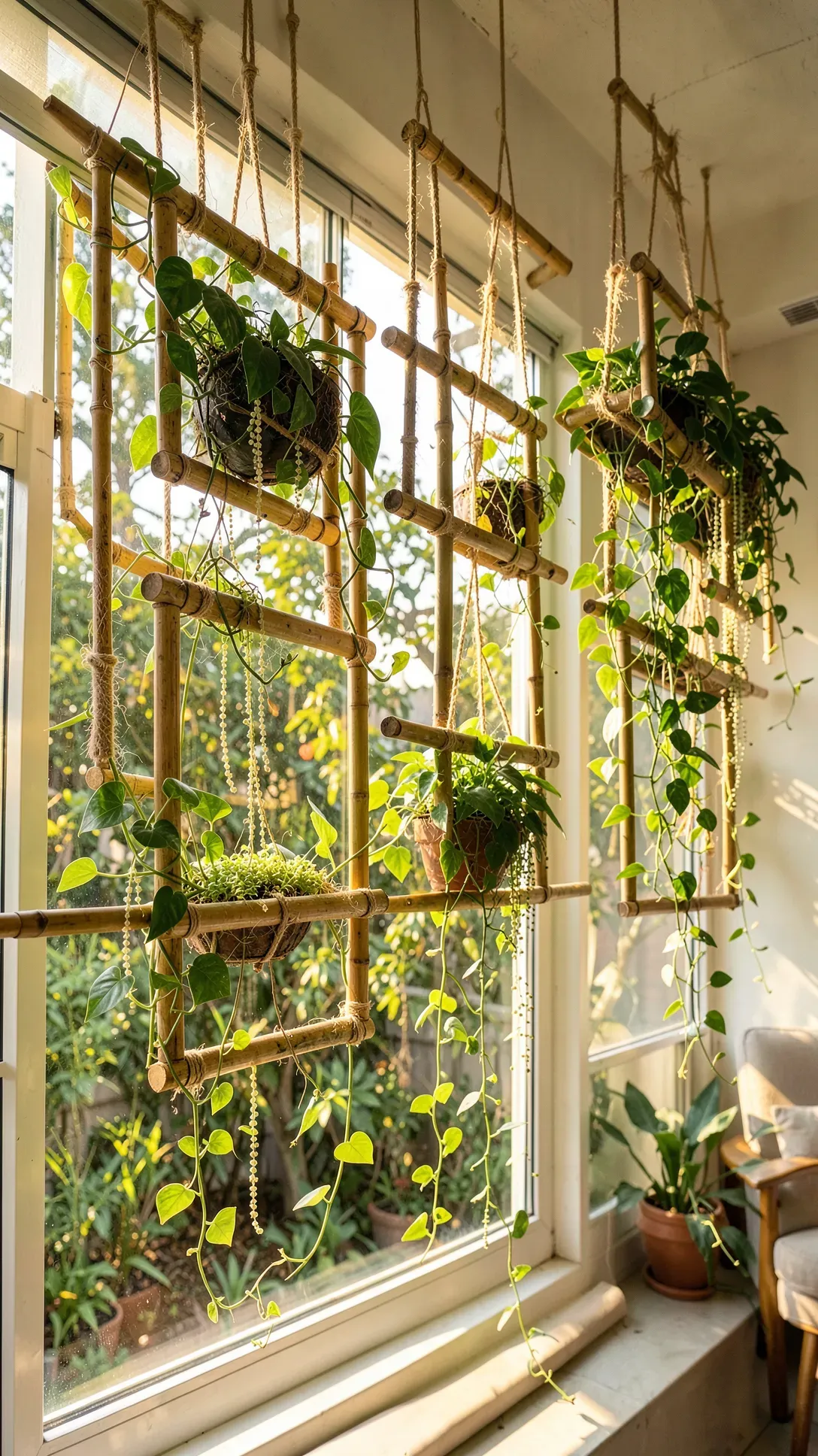Rectangular bamboo frames holding trailing green plants hanging against a bright window.