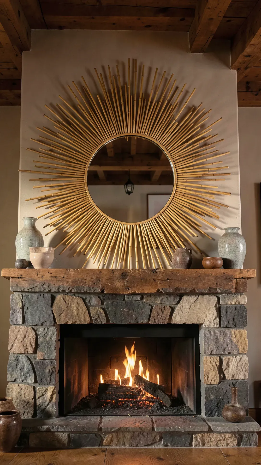 A large sunburst mirror made of bamboo sticks hanging above a fireplace mantle.