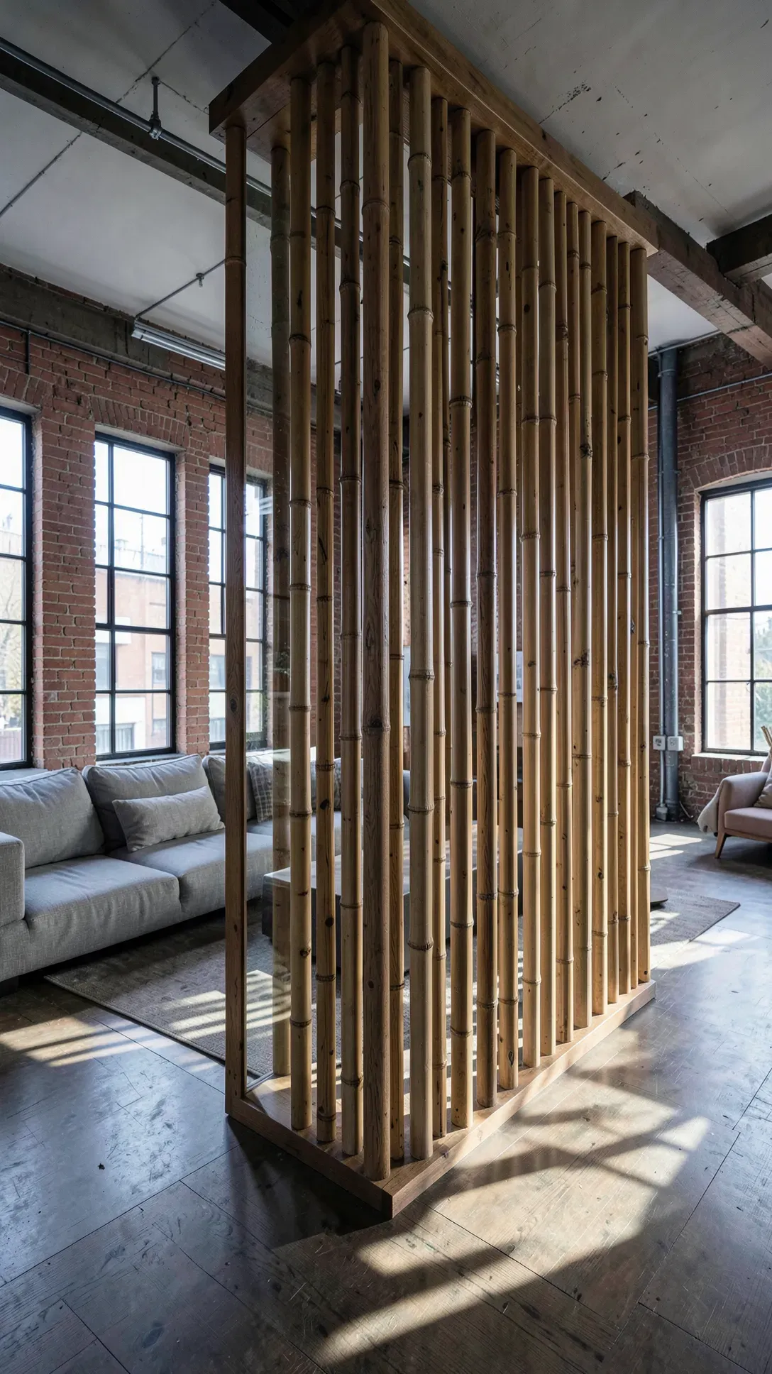 A vertical bamboo pole room divider separating a living area from a bedroom in a loft.